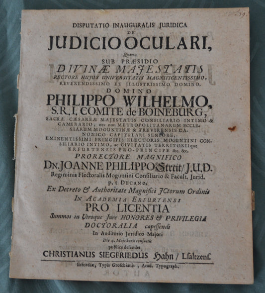 Disputatio Inauguralis Juridica de JUDICIO OCULARI - ca. 1750