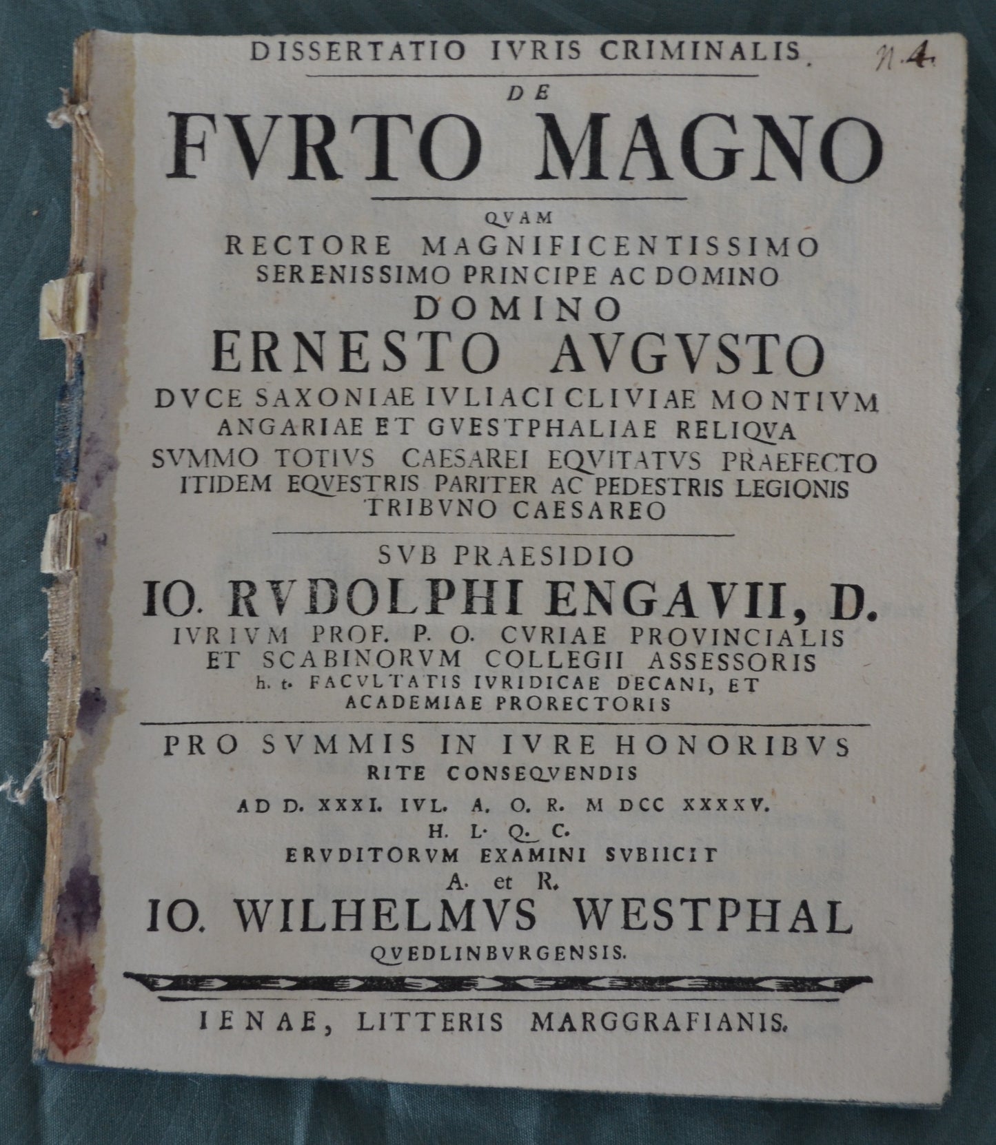 Dissertatio Ivris Criminalis de FUERTO MAGNO - 1745