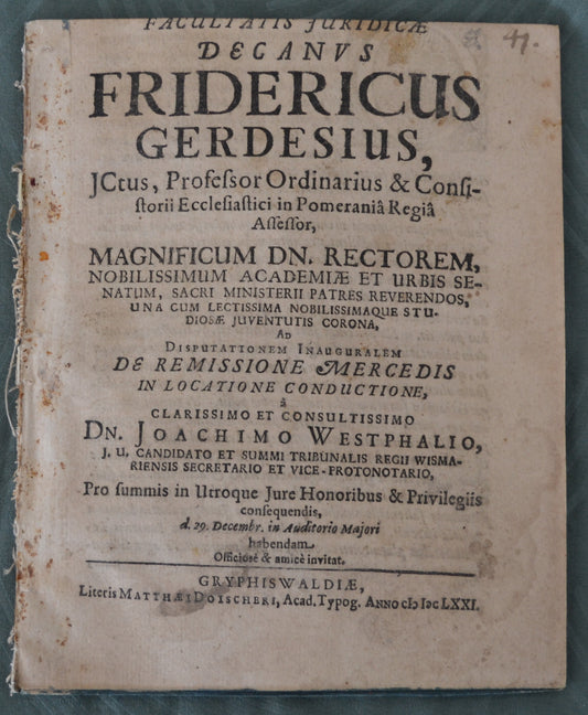 Facultatis Juridicae Decanus Fridericus Gerdesius - 1671