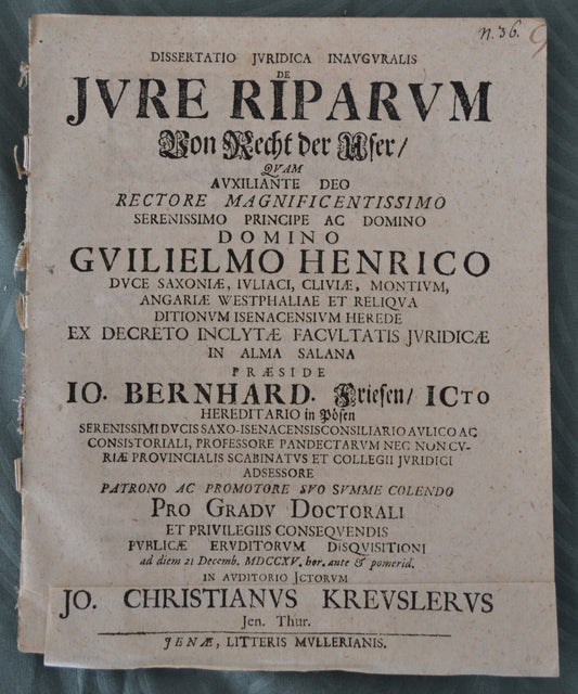 Dissertatio Juridica Inauguralis De Jure Riparum - 1715