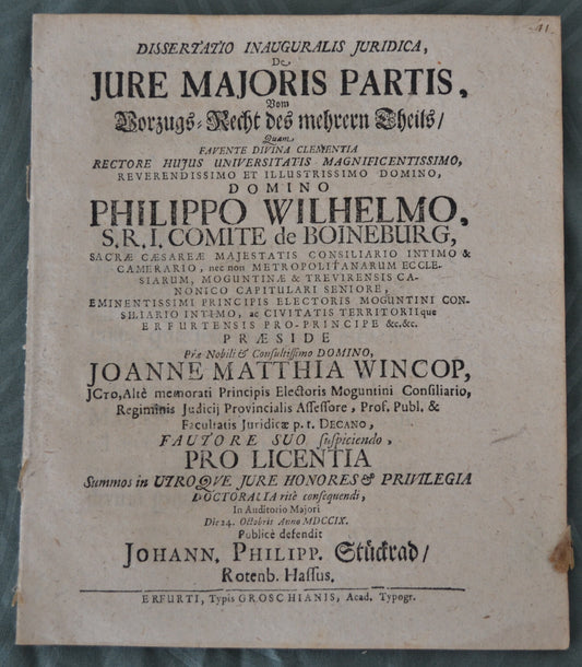 Dissertatio Inauguralis Juridica De Jure Majoris Partis - 1709
