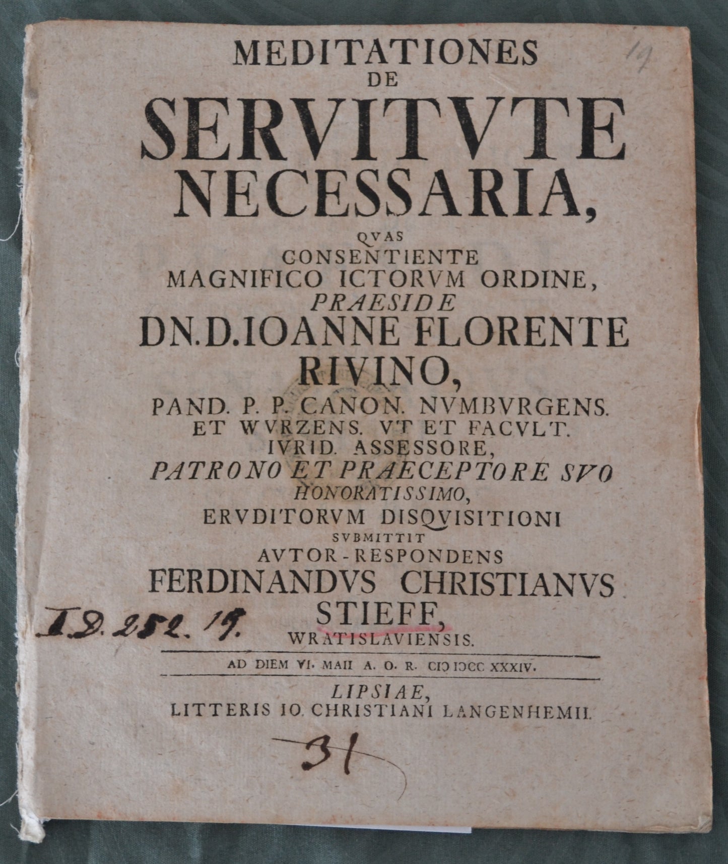 Meditationes de Servitvte Necessaria - 1734