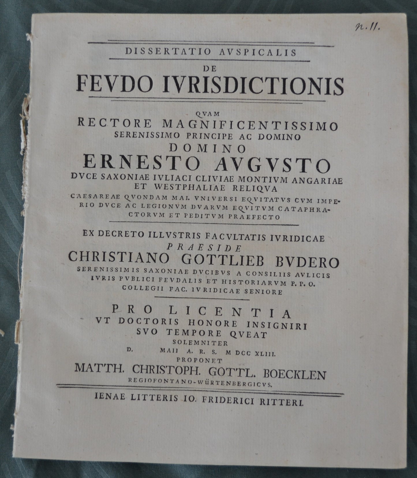 Dissertatio Auspicalis de Feudo Iurisdictionis - 1743