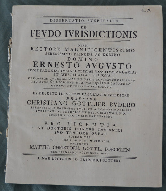 Dissertatio Auspicalis de Feudo Iurisdictionis - 1743