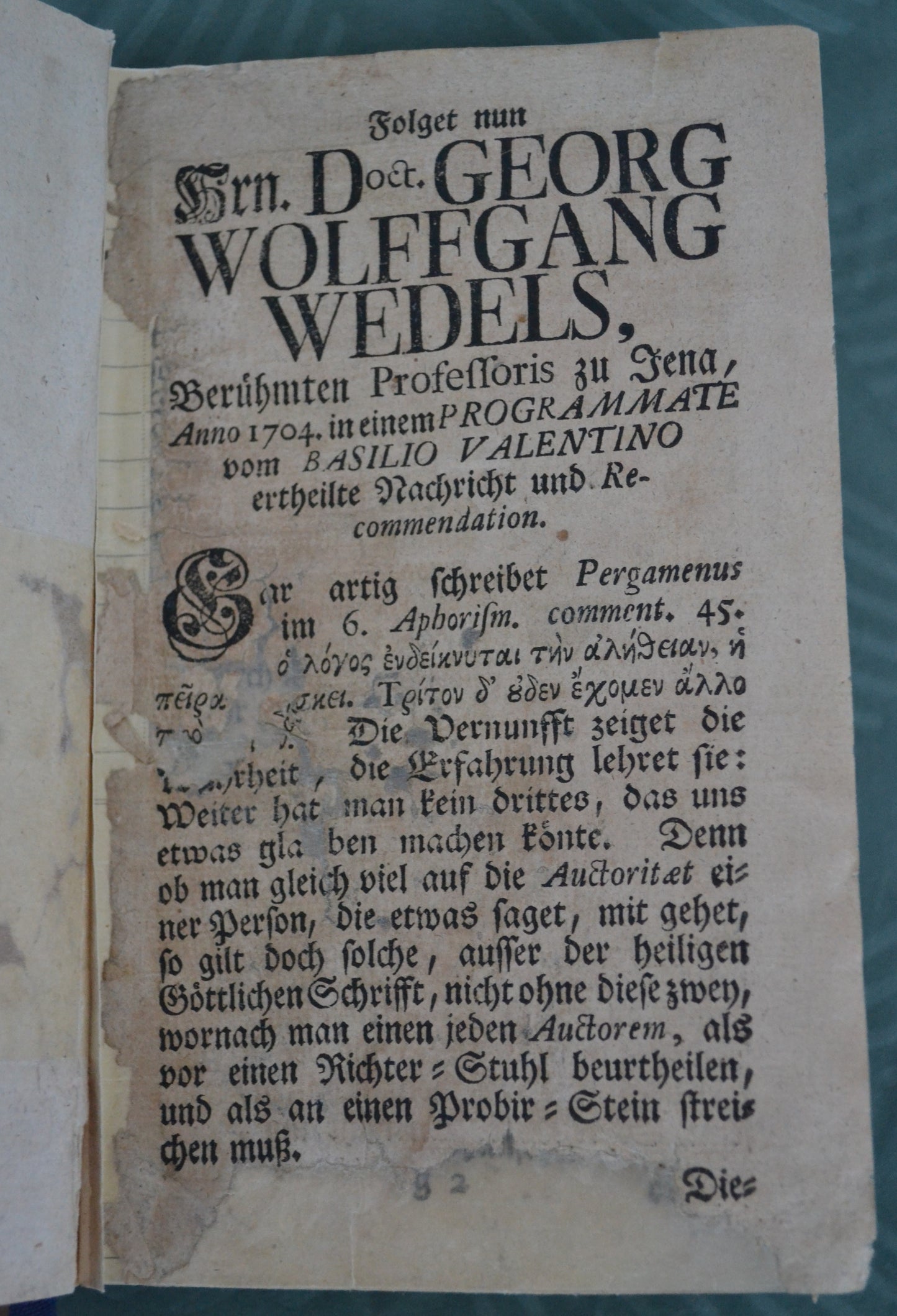 Folget nun Hrn. Doct. GEORG WOLFFGANG WEDLS - Erstausgabe - 1704 - (sehr selten)